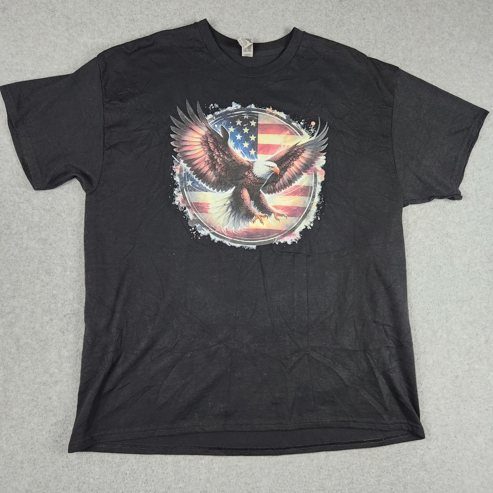 Gildan T-Shirt Mens XL Black American Flag Eagle Graphic Cotton Short Sleeve Tee